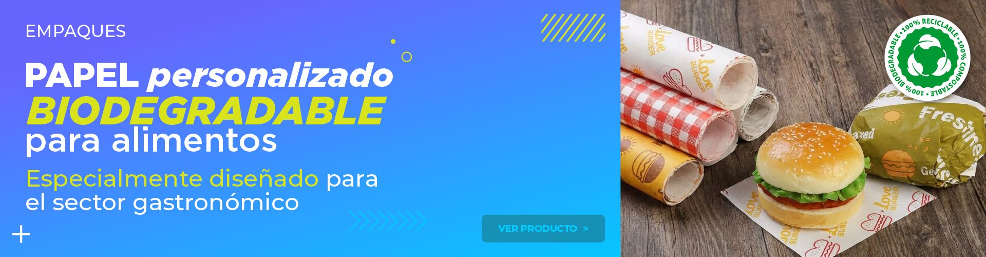 Papel de Envoltura para Alimentos Biodegradable Impreso con Tinta Vegetal 100% Compostable y Reciclable