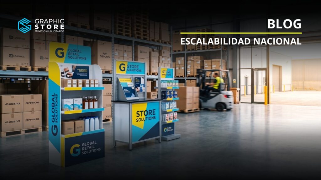 Exhibidores POP de Graphic Store en una bodega logística con montacargas para campaña de escalabilidad nacional en retail marketing.